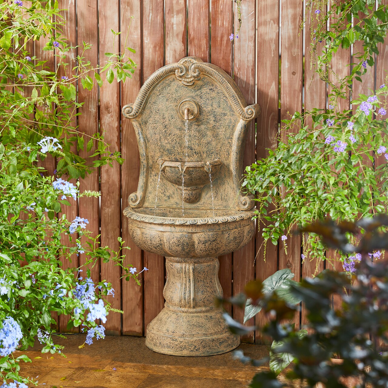 49.25''H Antique European Style Faux Granite Sculptural Multi-tiered Pedestal Polyresin Outdoor Floor Fountain with Pump and LED Light
